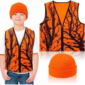 Berlune 2 Pcs Kids Hunting Vest and Beanie Set Orange Reflective Hunting Clothes Blaze Vests for Night Hiking Outdoor