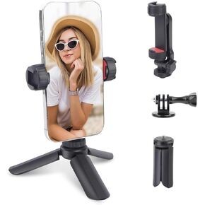 Mini Tripod with 360° Phone Holder & Dual Cold Shoe, Small Phone Tripod Stand for iPhone/Android, Pocket Selfie Stick Handle Grip Compatible with Cellphone/Action Camera (SY032)