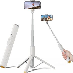 TODI Selfie Stick Tripod, 59" Lightweight Phone Tripod Stand with Wireless Remote, Extendable Selfie Stick for iPhone, All-in-1, Compatible with iPhone/Android (White)