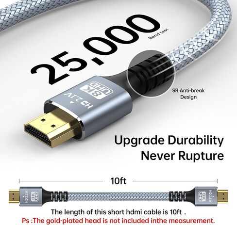 8K 10K 4K HDMI Cable 48GBPS 10ft/3M ، معتمدة للغاية عالية السرعة HDMI Cable Cord-4K@120Hz 8K@60Hz ، DTS: X ، HDCP 2.2 و 2.3 ، HDR 10 متوافق مع ROKU TV/PS5/HDTV/Blu-Ray (1) in Kuwait