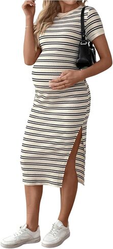 MakeMeChic Women's Maternity Dress Striped Short Sleeve Round Neck Slit Hem Everyday Midi Dress in Saudi Arabia