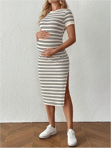 MakeMeChic Women's Maternity Dress Striped Short Sleeve Round Neck Slit Hem Everyday Midi Dress in Saudi Arabia