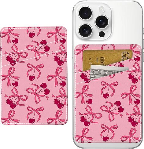 Phone Card Holder Leather, Dual Pocket Phone Wallet Adhesive Stick On, Cute Phone Case Credit Card Holder, Suitable for Most of Phones Pink Cherry Bow in Kuwait