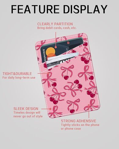 Phone Card Holder Leather, Dual Pocket Phone Wallet Adhesive Stick On, Cute Phone Case Credit Card Holder, Suitable for Most of Phones Pink Cherry Bow in Kuwait