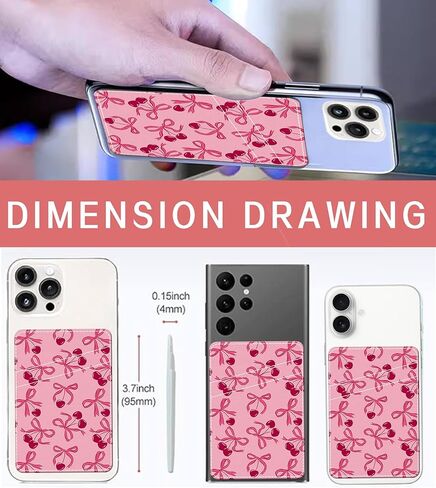 Phone Card Holder Leather, Dual Pocket Phone Wallet Adhesive Stick On, Cute Phone Case Credit Card Holder, Suitable for Most of Phones Pink Cherry Bow in Kuwait