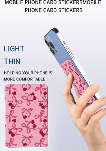 Phone Card Holder Leather, Dual Pocket Phone Wallet Adhesive Stick On, Cute Phone Case Credit Card Holder, Suitable for Most of Phones Pink Cherry Bow in Kuwait