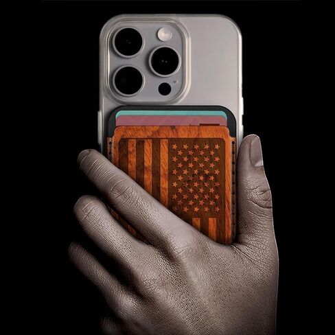 Carveit Designer Wood Wallet, Compatible with MagSafe Wallet, Magnetic Card Holder for iPhone 12/13/14/15/16 Pro Max, for Galaxy S22/S23/S24 Ultra, Pixel 7/8/9 Pro (American Flag - Black Wood) in Kuwait