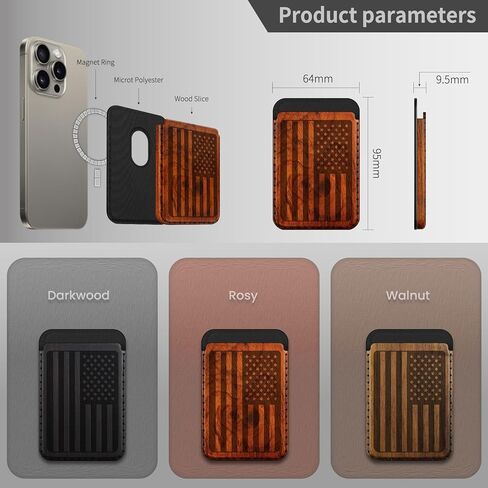 Carveit Designer Wood Wallet, Compatible with MagSafe Wallet, Magnetic Card Holder for iPhone 12/13/14/15/16 Pro Max, for Galaxy S22/S23/S24 Ultra, Pixel 7/8/9 Pro (American Flag - Black Wood) in Kuwait