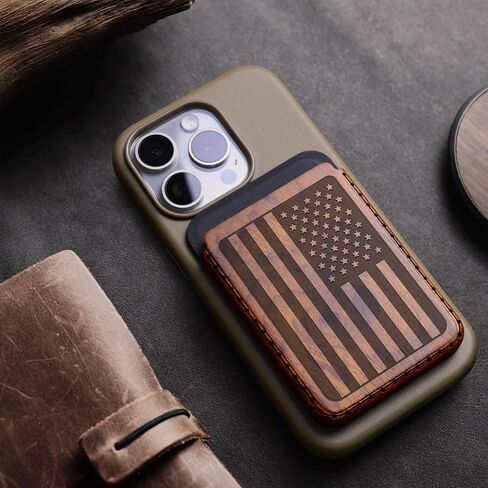 Carveit Designer Wood Wallet, Compatible with MagSafe Wallet, Magnetic Card Holder for iPhone 12/13/14/15/16 Pro Max, for Galaxy S22/S23/S24 Ultra, Pixel 7/8/9 Pro (American Flag - Black Wood) in Kuwait