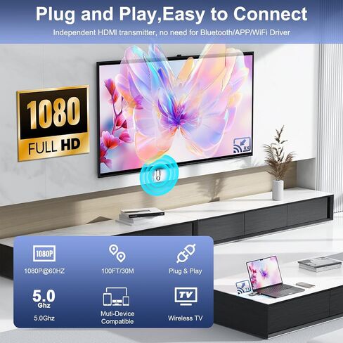 HDMI Wireless Transmitter and Receiver, 100FT/30M Portable Wireless HDMI Extender, 4K Decode 1080P@60Hz Output, Support 2.4/5G for Streaming Media Video/Screen from Laptop to Multiple HDTVs/Monitor in Saudi Arabia
