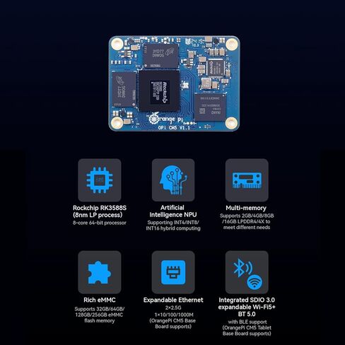 ذاكرة الوصول العشوائي CM5 16 جيجابايت مع 32 جيجابايت EMMC LPDDR4 Rockchip RK3588S AI Accelerator 6TOPS، وحدة الحوسبة 5 WiFi Bluetooth BLE (دعم أرضية الكمبيوتر اللوحي CM5) كمبيوتر لوحي واحد in Kuwait
