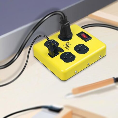 T-Jon Heavy-Duty Metal Housing,Power Block,4-Outlet,15A Circuit Breaker,14/3 SJT Black&Yellow with 4 Ft Extension Cord,Lighted Switch,4 Mountable Hole,Workshop & Industrial,UL Listed,PS-421 in Saudi Arabia