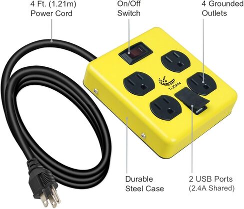 T-Jon Heavy-Duty Metal Housing,Power Block,4-Outlet,15A Circuit Breaker,14/3 SJT Black&Yellow with 4 Ft Extension Cord,Lighted Switch,4 Mountable Hole,Workshop & Industrial,UL Listed,PS-421 in Saudi Arabia