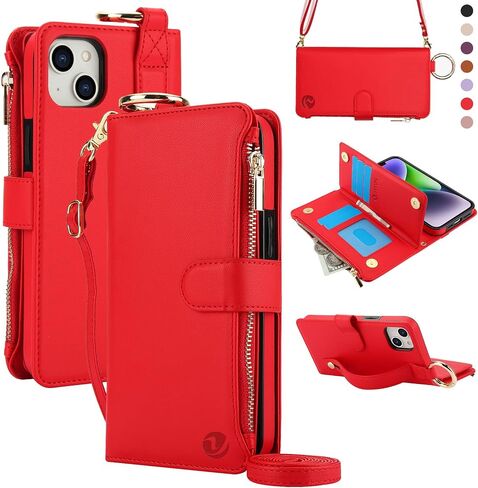 for iPhone 15 Plus and iPhone 14 Plus Case Wallet with RFID Blocking Card Holder and Shoulder Strap Wrist Strap, Stylish Ring Zipper Purse Case for iPhone 15 Plus and 14 Plus 6.7'', Red in Kuwait