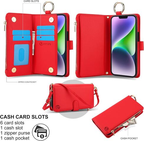 for iPhone 15 Plus and iPhone 14 Plus Case Wallet with RFID Blocking Card Holder and Shoulder Strap Wrist Strap, Stylish Ring Zipper Purse Case for iPhone 15 Plus and 14 Plus 6.7'', Red in Kuwait
