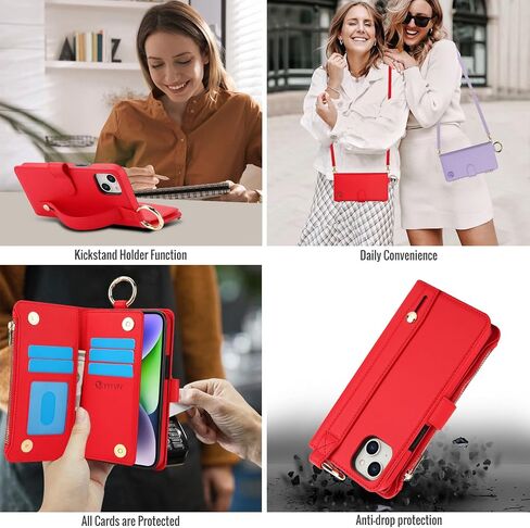 for iPhone 15 Plus and iPhone 14 Plus Case Wallet with RFID Blocking Card Holder and Shoulder Strap Wrist Strap, Stylish Ring Zipper Purse Case for iPhone 15 Plus and 14 Plus 6.7'', Red in Kuwait