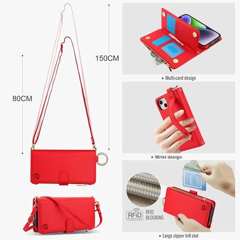 for iPhone 15 Plus and iPhone 14 Plus Case Wallet with RFID Blocking Card Holder and Shoulder Strap Wrist Strap, Stylish Ring Zipper Purse Case for iPhone 15 Plus and 14 Plus 6.7'', Red in Kuwait