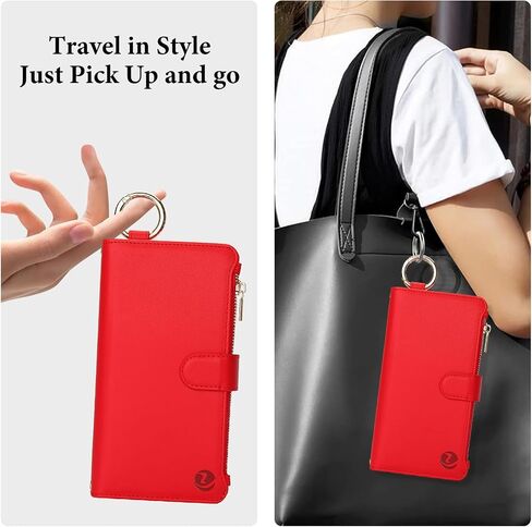 for iPhone 15 Plus and iPhone 14 Plus Case Wallet with RFID Blocking Card Holder and Shoulder Strap Wrist Strap, Stylish Ring Zipper Purse Case for iPhone 15 Plus and 14 Plus 6.7'', Red in Kuwait