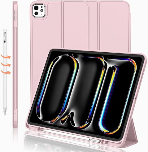 for iPad Pro 11 Inch Case M4 2024 (5th Generation) with Pencil Holder, [Support Pencil Pro and Pencil (USB-C)], Trifold Stand Smart Case with Soft TPU Back, Auto Wake/Sleep (Pink) in Kuwait