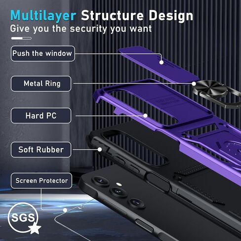 Janmitta for Samsung Galaxy A17 Case Built in Slide Camera Cover,Black | with Tempered Glass Screen Protector+Finger Ring Holder Kickstand,Heavy Duty Shockproof Full Body Phone Cover in Kuwait