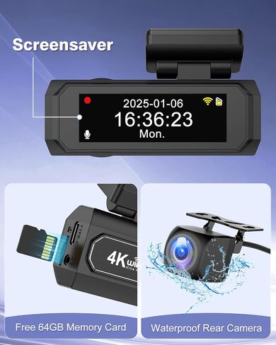4K Dash Cam Front and Rear, Otovoda WiFi Dash Camera for Cars with App, UHD 2160P Night Vision, 2.99" IPS Screen, Dashcam with 64GB Card, 24H Parking Mode, WDR in Saudi Arabia