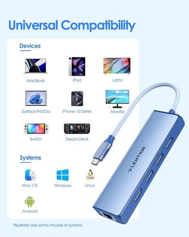 موزع LENTION USB C مع منفذ جيجابت إيثرنت، وشاشة HDMI 4K، و3 منافذ USB-A USB 3.0 لأجهزة MacBook Pro وMacBook Air وDell وLenovo وأجهزة الكمبيوتر المحمولة HP والمزيد، معتمد للسائق الثابت (C25، ذهبي وردي) in Kuwait
