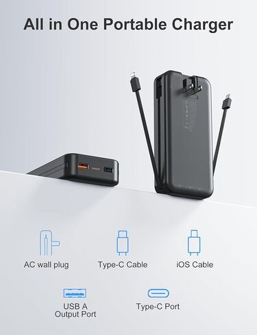 20000mAh Ultra Portable Charger Power Bank with inBuilt Cables&AC Wall Plug in Saudi Arabia