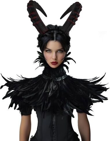 Halloween Gothic Feathers Shawl Devil Sheep Horns Headband Fancy Cape Cosplay costume Accessory in Saudi Arabia