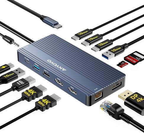 ANYOYO USB C Docking Station Dual Monitor, Laptop Docking Station 3 Monitors, with 2HDMI +DP 4K@60Hz,3*USB -C 3.1+2*USB- A3.1 10Gbps,PD100 SD/TF 3.0, Audio for HP,Dell, Lenovo (Gray) in Kuwait