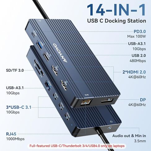 ANYOYO USB C Docking Station Dual Monitor, Laptop Docking Station 3 Monitors, with 2HDMI +DP 4K@60Hz,3*USB -C 3.1+2*USB- A3.1 10Gbps,PD100 SD/TF 3.0, Audio for HP,Dell, Lenovo (Gray) in Kuwait