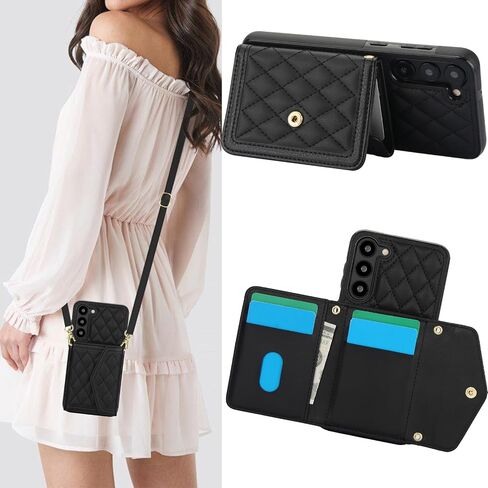 for Samsung Galaxy S25 Plus / S25+ Crossbody Wallet Case for Women, PU Leather Card Slot Phone Case with Cash Pocket Kickstand Purse Lanyard Case Cover for Samsung S25 Plus.Pocket Black in Kuwait
