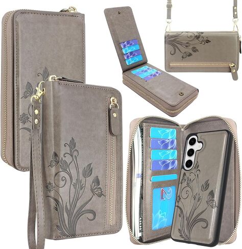 Lacass for Samsung Galaxy S25+ Plus Wallet Case,Crossbody Dual Zipper Detachable Magnetic Leather Wallet Case Cover Wristlets Wrist Strap 13 Card Slots Money Pocket(Floral Dark Purple) in Saudi Arabia