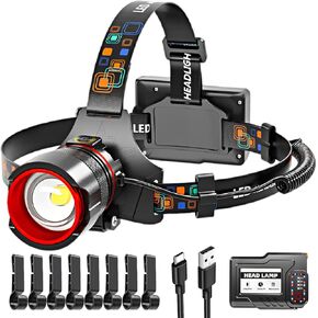 Headlamp Rechargeable, 900,000 Lumen Bright 6 Modes IPX7 Waterproof LED Hard Hat Light, 90° Adjustable Zoomable & Sensorable, 12H Long Lasting Forehead Headlights for Running, Hunting, Camping, Black