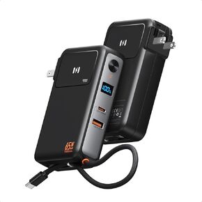 Power Bank with AC Wall Plug 65W, Fast Charging Portable Charger with Built-in USB-C Cable 35W, 10,000mAh LED Display Battery Pack Compatible with iPhone Series, Samsung, MacBook, Laptop