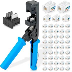 Bundle – 3 Items: easyJACK - 90° Angled Speed Termination Tool + Replacement Head + of 90° Angled Cat6 Keystone Jacks in White (50 Pack)