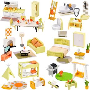 Giant bean 27pcs Green Wooden Plastic Dollhouse Furniture, Modern Living Room Bedroom Set, Dollhouse Accessories Pretend Play Furniture Toys for Boys Girls Kids & Toddlers 3+