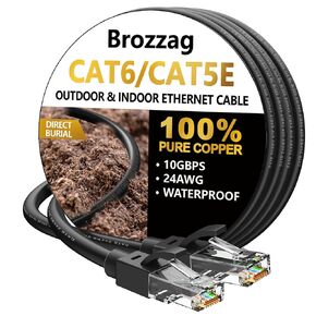 25ft Cat6/Cat5E Ethernet Outdoor Cable, 10Gbps 550MHz, Support Cat8/Cat7 Network, 24AWG Pure Copper, UL Certified Direct Burial Waterproof & UV Resistant, High Speed LAN Cord - POE/Modem/Gaming, Black