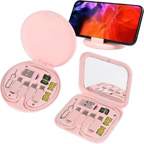 evron USB Adapter Multi Charging Cable Case 2pc Set, Micro USB Cable Gadgets Box with Phone Kickstand, USB C to Micro USB, Type C to iOS Device,Data Transfer,SIM Card Pin (White(Disc+Mirror))