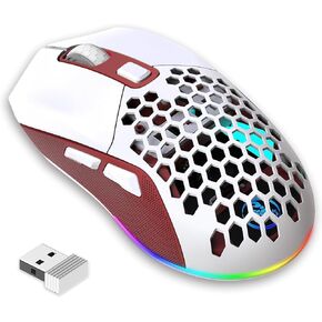 Lightweight Gaming Mouse, 4800 DPI, Rechargeable Wireless Gaming Mouse with USB Receiver, RGB Backlight Computer Mouse for Laptop PC, Mac (White)