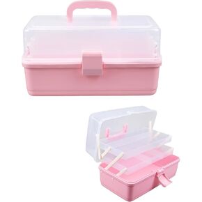 Pink Tackle Box Organizer Three طبقة تخزين مربع مع مقصورات منظمي الفنون الحرفية وتخزين شعر مستلزمات الشعر منظم الصندوق الوردي للبنات النسائية