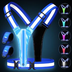 LED Reflective Running Vest with 2-Pack Rechargeable LED Armband Light Safety Gear for Night Running Walking Cycling, Large Size Adjustable Light Vest for Men & Women