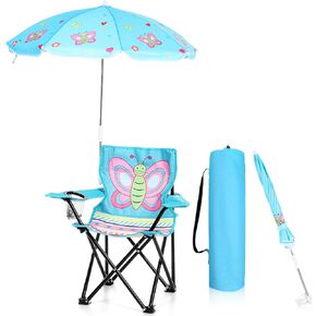 1 Set Kids Beach Chair with Umbrella Child Folding Chair Umbrella with Universal Clamp for Children Beach Camping Patio Lawn Pool Travel Outdoor Indoor (Butterfly)