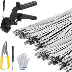 300 PCS 11.8 Inch Metal Zip Ties, Stainless Steel Cable Tie Gun Set, Heavy Duty Self-locking Cable Ties Adjustable Metal Zip Ties Tool Kit for Machinery Exhaust Wrap Pipes Cables Fence (Black)