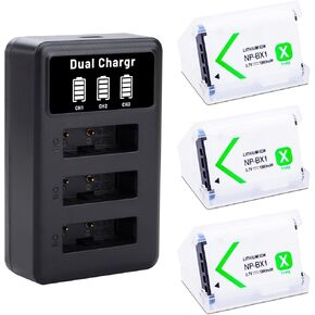 NP-BX1 Battery 3-Pack and 3-Channel Charger Compatible for Sony NP-BX1/M8, ZV-1, ZV-1 II, Cyber-Shot DSC-HX80, HX90V, HX95, HX99, HX350, RX1, RX1R II, RX100 (II/III/IV/V/VA/VI/VII) FDR-X3000 HDR-AS50