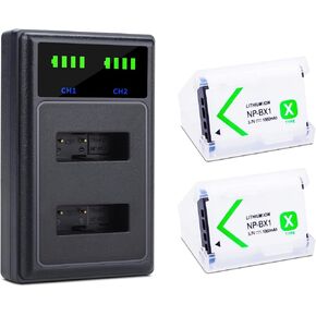 NP-BX1 Battery 2-Pack and Dual USB Charger Compatible for Sony NP-BX1/M8, ZV-1, ZV-1 II, Cyber-Shot DSC-HX80, HX90V, HX95, HX99, HX350, RX1, RX1R II, RX100 (II/III/IV/V/VA/VI/VII), FDR-X3000, HDR-AS50