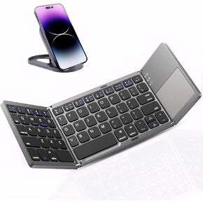 Foldable Bluetooth Keyboards with Touchpad Portable Wireless Keyboards with Stand Holder, Rechargeable Full Size Ultra Slim Pocket Folding for Android Windows iOS Tablet & Laptop