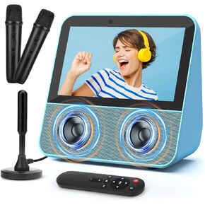 Small PortableTV with 7" HD 1080P Touch Screen, Mini Karaoke Machine with 2 Wireless Microphones, Digital TV/USB Media Player Candy Speaker for Home Party Travel (Blue)