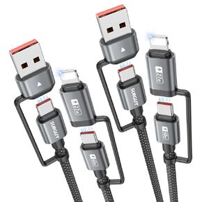 Sunguy 4 في 1 كبل شحن 2 قدم [2 حزمة] ، 60 واط شحن متعدد ، USB-C/A إلى الإضاءة/C كلكس لجهاز iPhone 16/15/14 Pro/iPad/MacBook/Samsung Galaxy S25/S24/Tablets