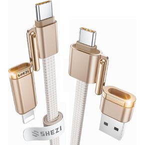 SHEZI [Applestyle Woven 4in 1 Charging Cable 5ft, 100W Fast Charging & Data Transfer, USB to Lightning/Type C Cable Multi Cords for iPhone/iPad/Samsung/MacBook,CarPlay &Android Auto Support,White