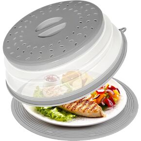 Collapsible Microwave Splatter Cover, Vented Microwave Lid with Hook Hole, Splatter Guard for Plate Dish Bowl, Vegetable Fruit Colander Multi-function Kitchen Gadget, BPA-Free (Grey)